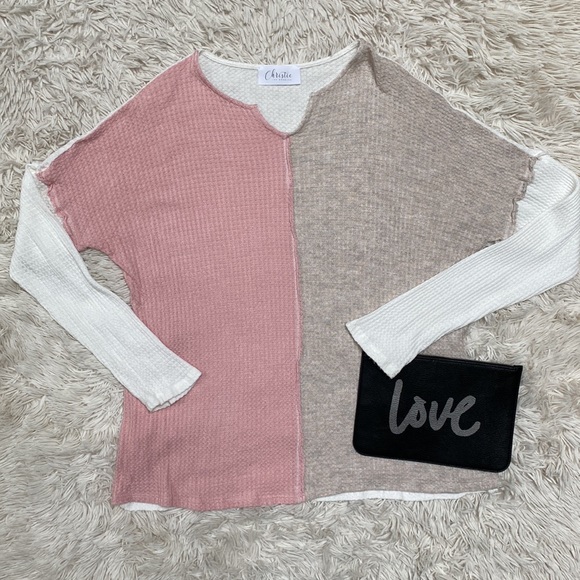Christie Jenny Boston Waffle Notch Collar Waffle Top 💗 Pink Oatmeal & White - Picture 4 of 15
